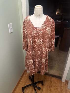 Knox Rose Women's Rust Brown Floral Square Neck Rayon Linen Blend Babydoll Dress